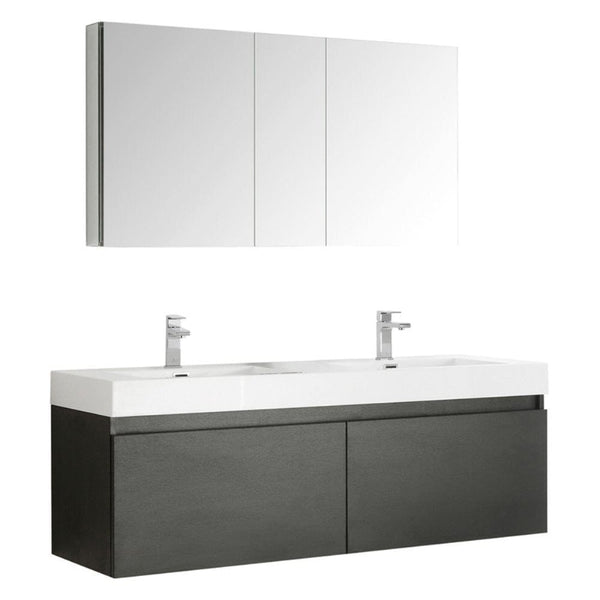 Fresca Mezzo 60 Black Wall Hung Double Sink Modern Bathroom Vanity w/ Medicine Cabinet