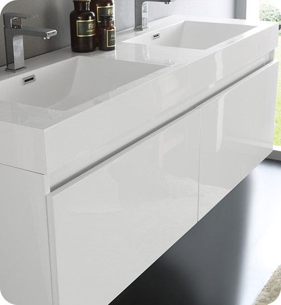 Fresca Vanities Fresca Mezzo 60" White Wall Hung Double Sink Modern Bathroom Cabinet w/ Integrated Sink | FCB8042WH-I