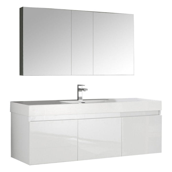 Fresca Mezzo 60 White Wall Hung Single Sink Modern Bathroom Vanity w/ Medicine Cabinet 