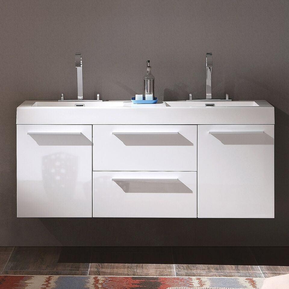 Fresca Opulento 54 White Modern Double Sink Cabinet w/ Integrated Sinks