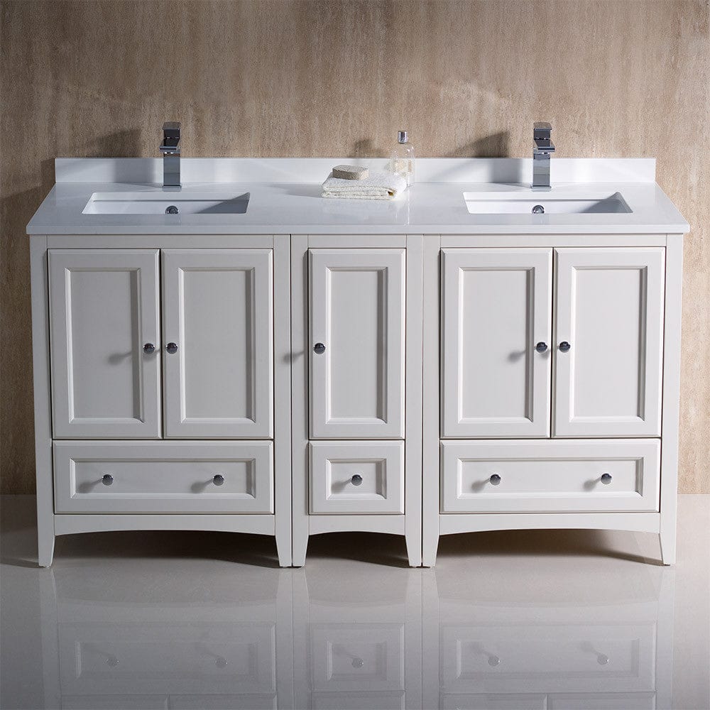 Fresca Oxford 60 Antique White Traditional Double Sink Bathroom Cabinets w/ Top & Sinks