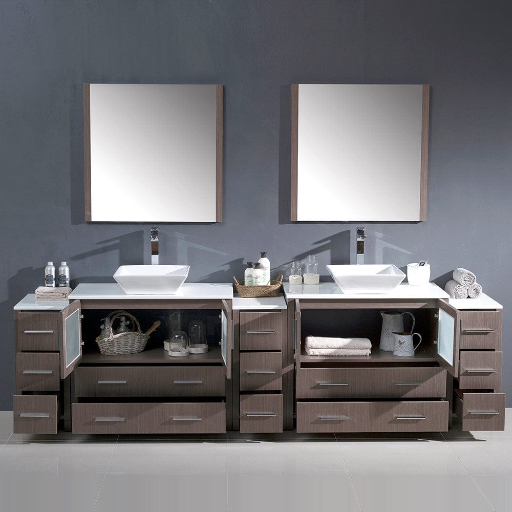 Fresca Torino 108 Gray Oak Modern Double Sink Bathroom Vanity w/ 3 Side Cabinets & Vessel Sinks