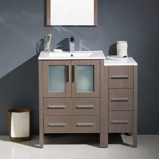 Fresca Torino 36 Gray Oak Modern Bathroom Vanity w/ Side Cabinet & Integrated Sinks