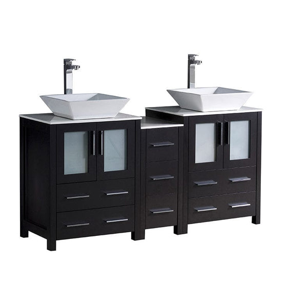 Fresca Torino 60 Espresso Modern Double Sink Bathroom Cabinets w/ Tops & Vessel Sinks