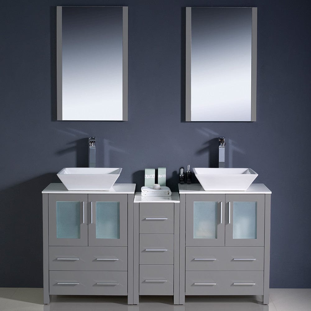 Fresca Torino 60 Gray Modern Double Sink Bathroom Vanity w/ Side Cabinet & Vessel Sinks