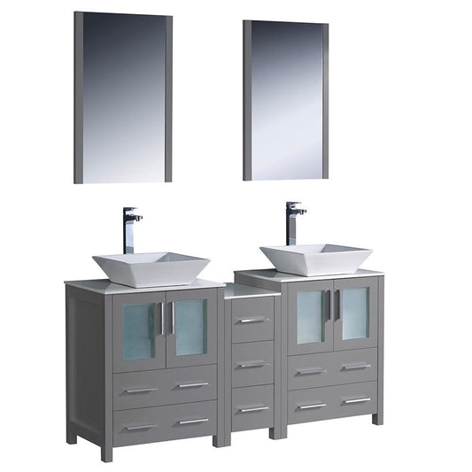 Fresca Torino 60" Gray Modern Double Sink Bathroom Vanity w/ Side Cabinet & Vessel Sinks