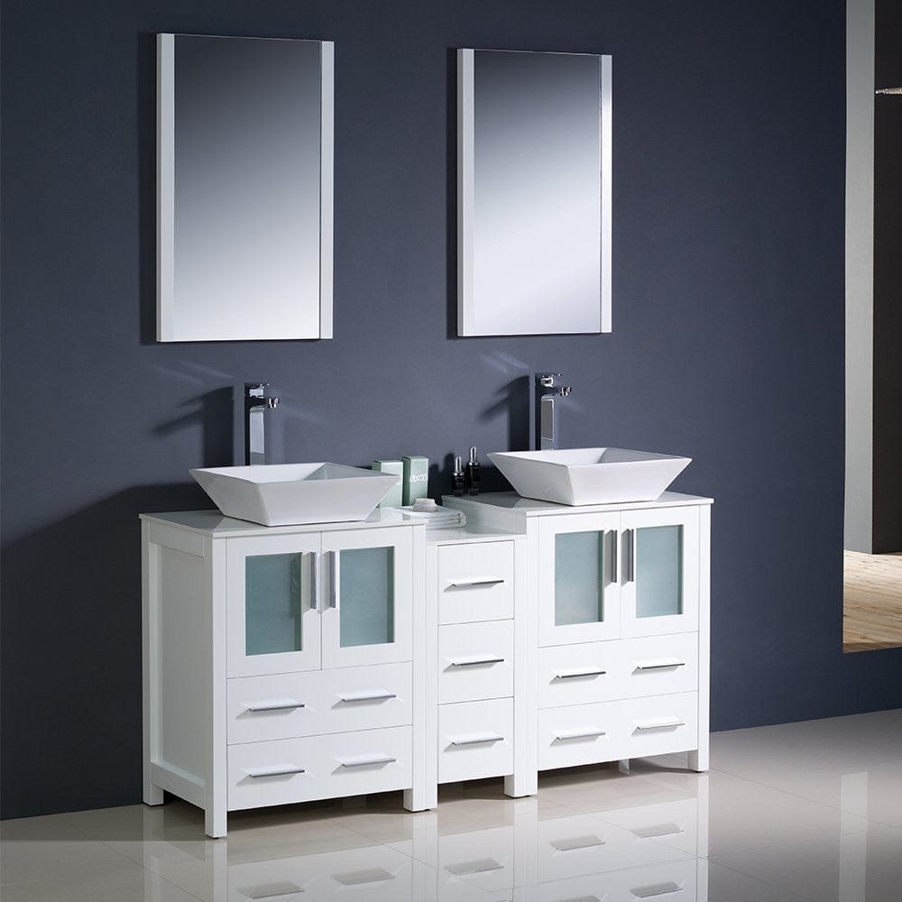 Fresca Torino 60 White Modern Double Sink Bathroom Vanity w/ Side Cabinet & Vessel Sinks