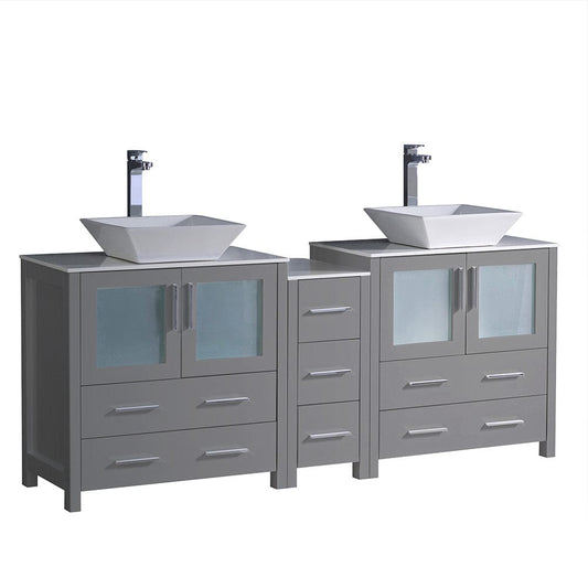 Fresca Torino 72" Gray Modern Double Sink Bathroom Cabinets w/ Tops & Vessel Sinks