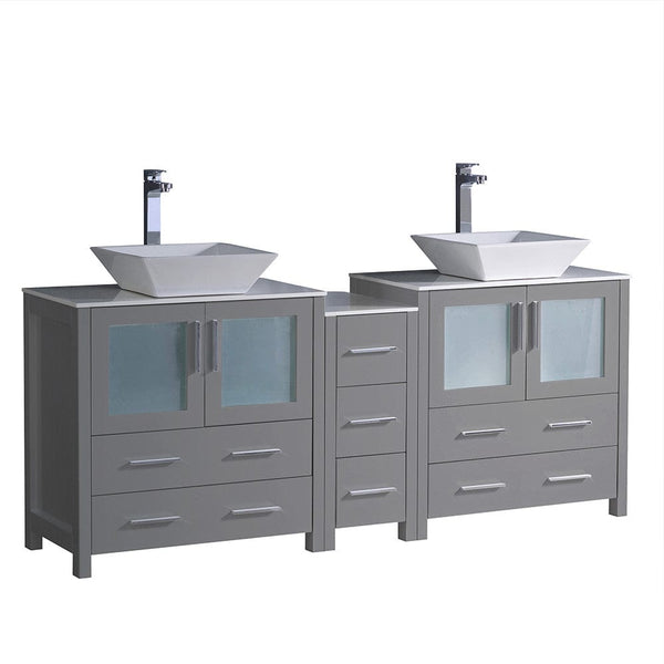 Fresca Torino 72 Gray Modern Double Sink Bathroom Cabinets w/ Tops & Vessel Sinks