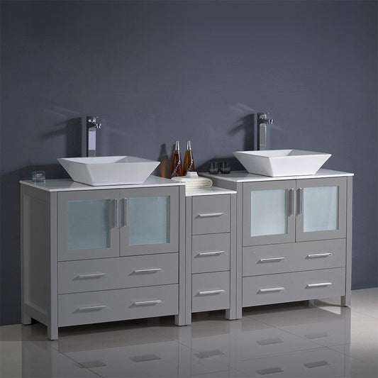 Fresca Torino 72 Gray Modern Double Sink Bathroom Cabinets w/ Tops & Vessel Sinks