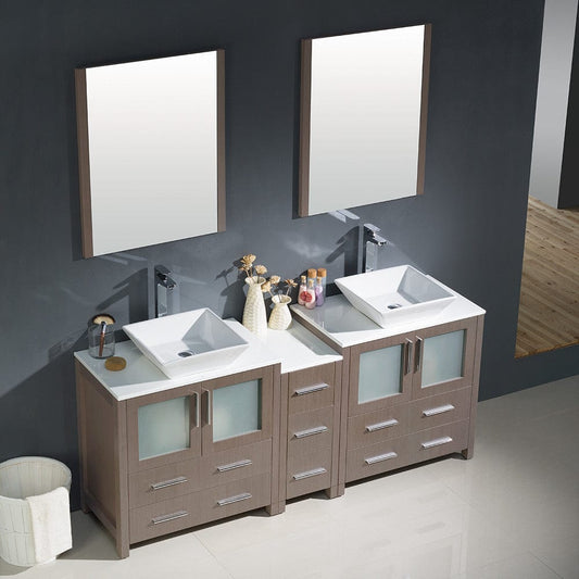 Fresca Torino 72 Gray Oak Modern Double Sink Bathroom Vanity w/ Side Cabinet & Vessel Sinks