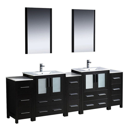Fresca Torino 84" Espresso Modern Double Sink Bathroom Vanity w/ 3 Side Cabinets & Integrated Sinks