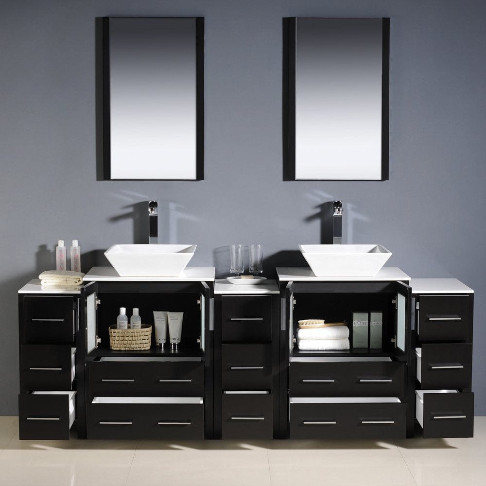 Fresca Torino 84 Espresso Modern Double Sink Bathroom Vanity w/ 3 Side Cabinets & Vessel Sinks