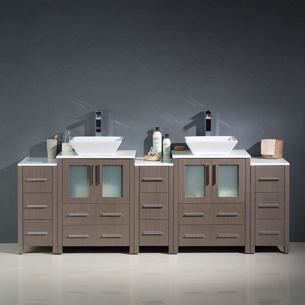 Fresca Torino 84 Gray Oak Modern Double Sink Bathroom Cabinets w/ Tops & Vessel Sinks