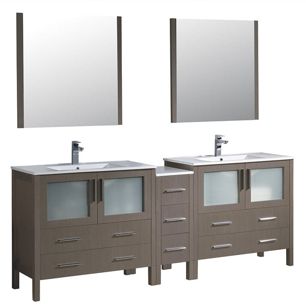 Fresca Torino 84 Gray Oak Modern Double Sink Bathroom Vanity w/ Side Cabinet & Integrated Sinks