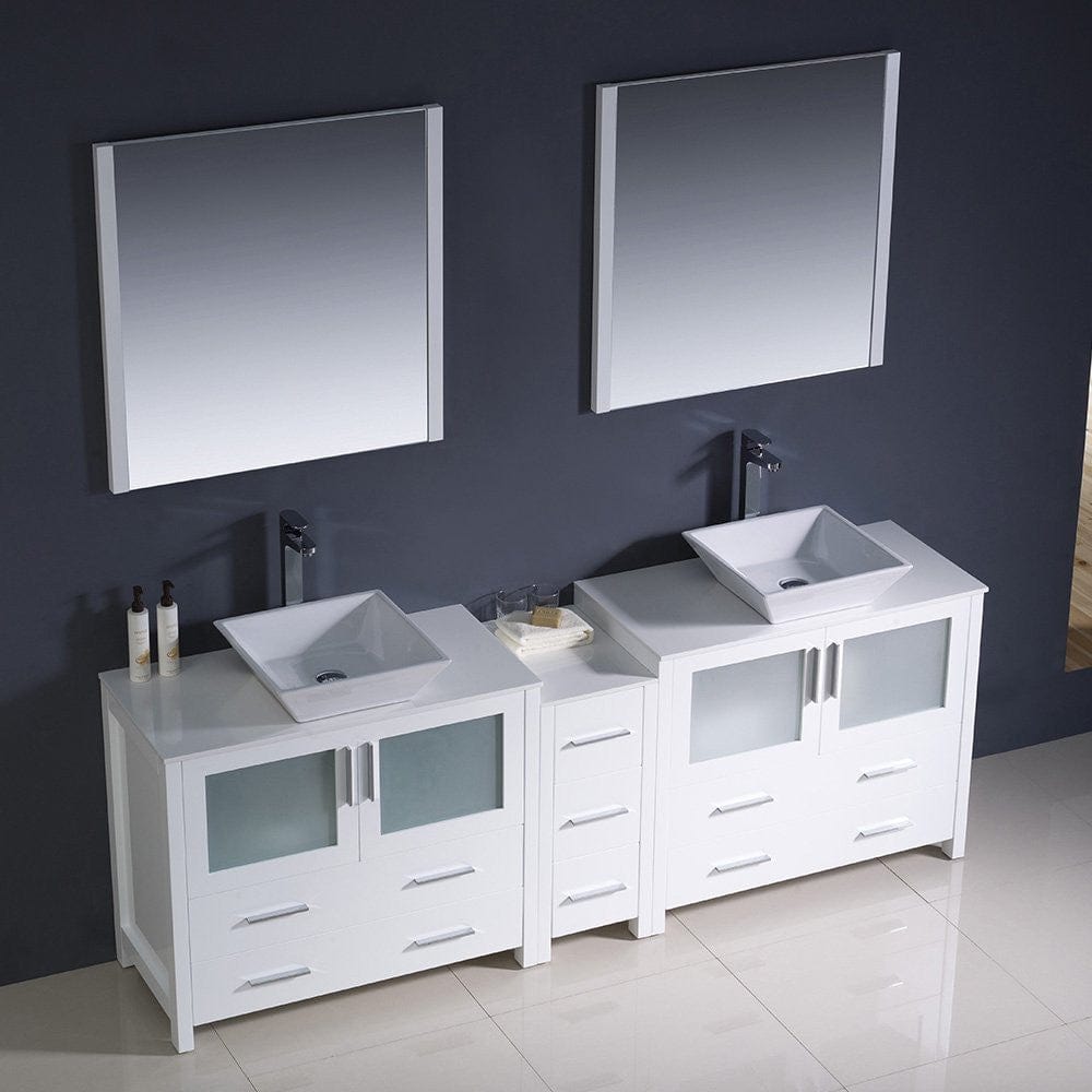 Fresca Vanities Fresca Torino 84 White Modern Double Sink Bathroom Vanity w/ Side Cabinet & Vessel Sinks