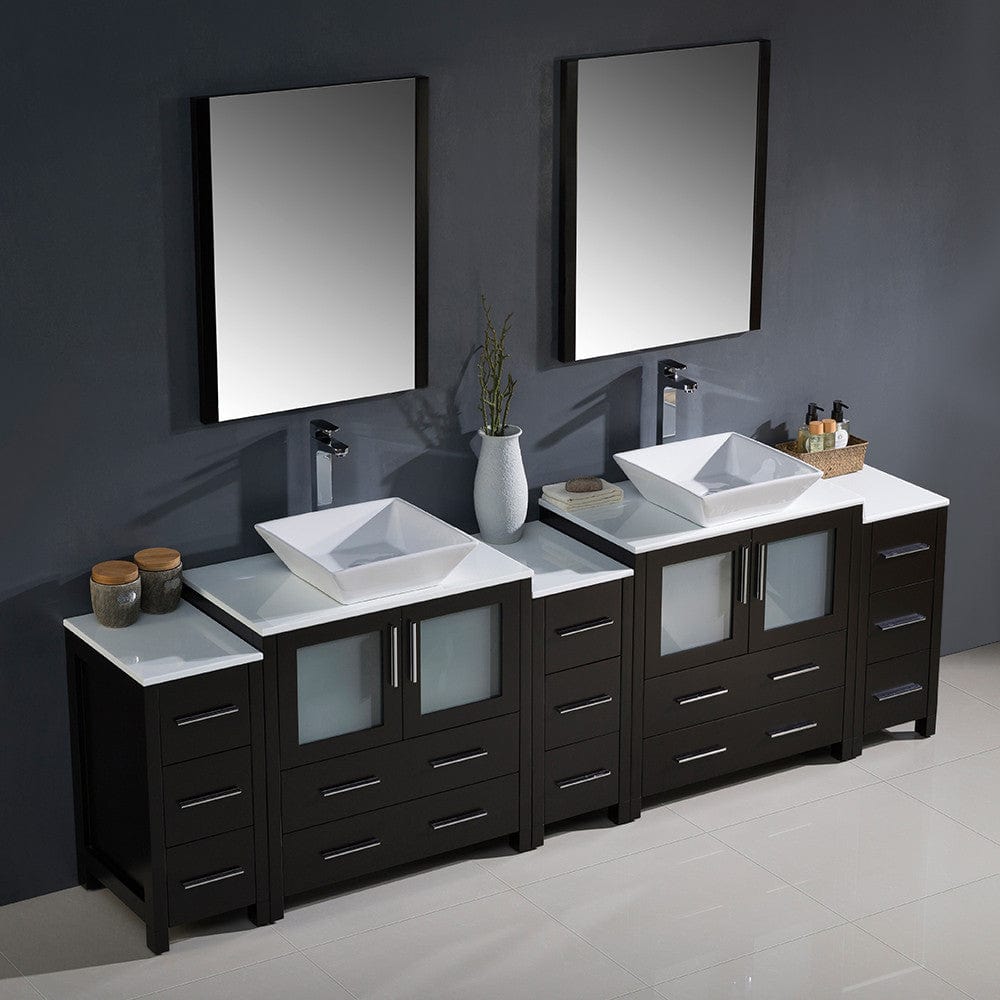 Fresca Torino 96 Espresso Modern Double Sink Bathroom Vanity w/ 3 Side Cabinets & Vessel Sinks