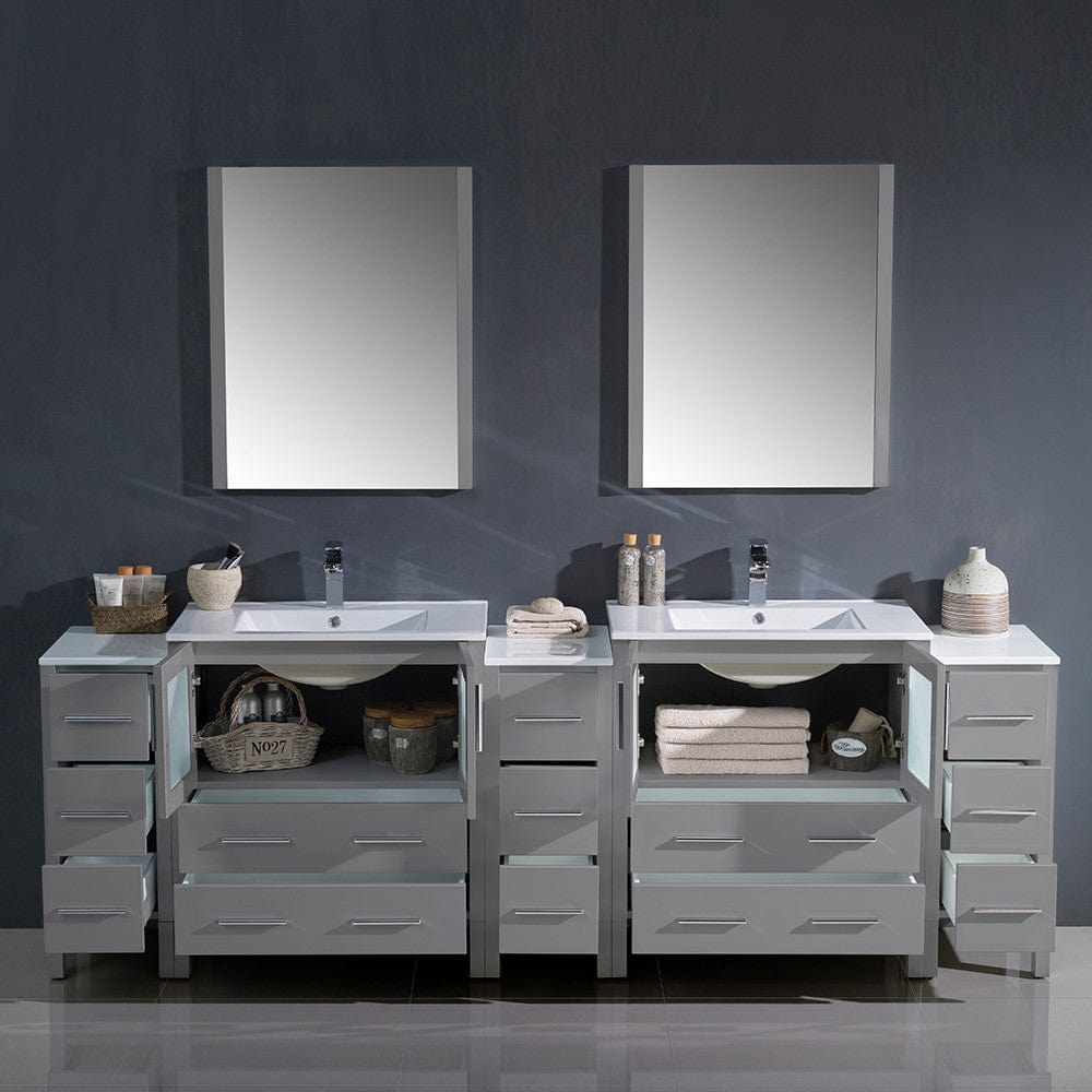 Fresca Torino 96 Gray Modern Double Sink Bathroom Vanity w/ 3 Side Cabinets & Integrated Sinks