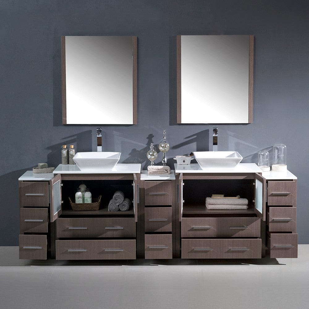 Fresca Torino 96 Gray Oak Modern Double Sink Bathroom Vanity w/ 3 Side Cabinets & Vessel Sinks