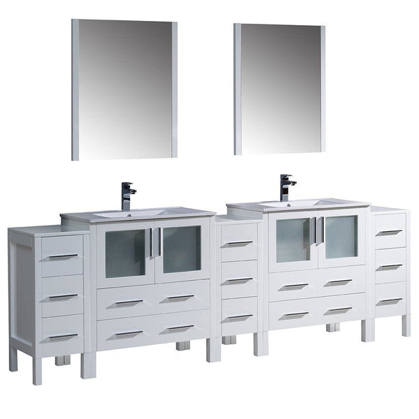 Fresca Torino 96 White Modern Double Sink Bathroom Vanity w/ 3 Side Cabinets & Integrated Sinks 
