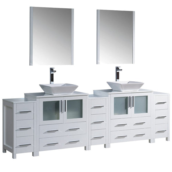 Fresca Torino 96 White Modern Double Sink Bathroom Vanity w/ 3 Side Cabinets & Vessel Sinks