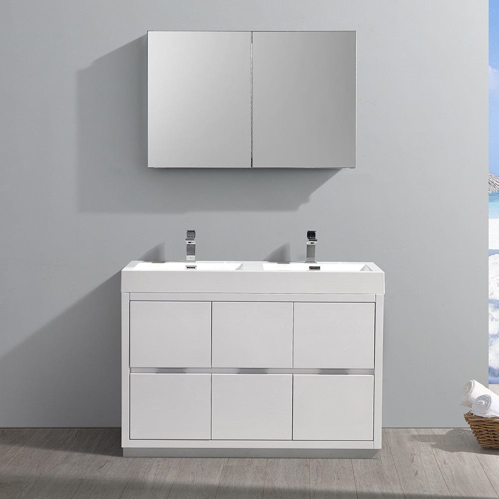 Fresca Valencia 48 Glossy White Free Standing Double Sink Modern Bathroom Vanity Set  w/ Medicine Cabinet