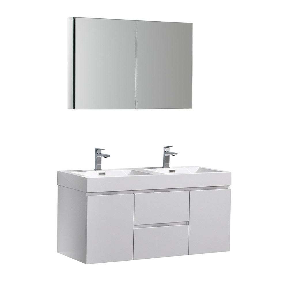 Fresca Valencia 48" Glossy White Wall Hung Double Sink Modern Bathroom Vanity Set  w/ Medicine Cabinet
