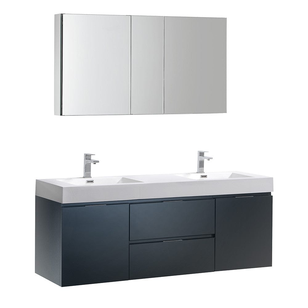 Fresca Valencia 60" Dark Slate Gray Wall Hung Double Sink Modern Bathroom Vanity Set  w/ Medicine Cabinet