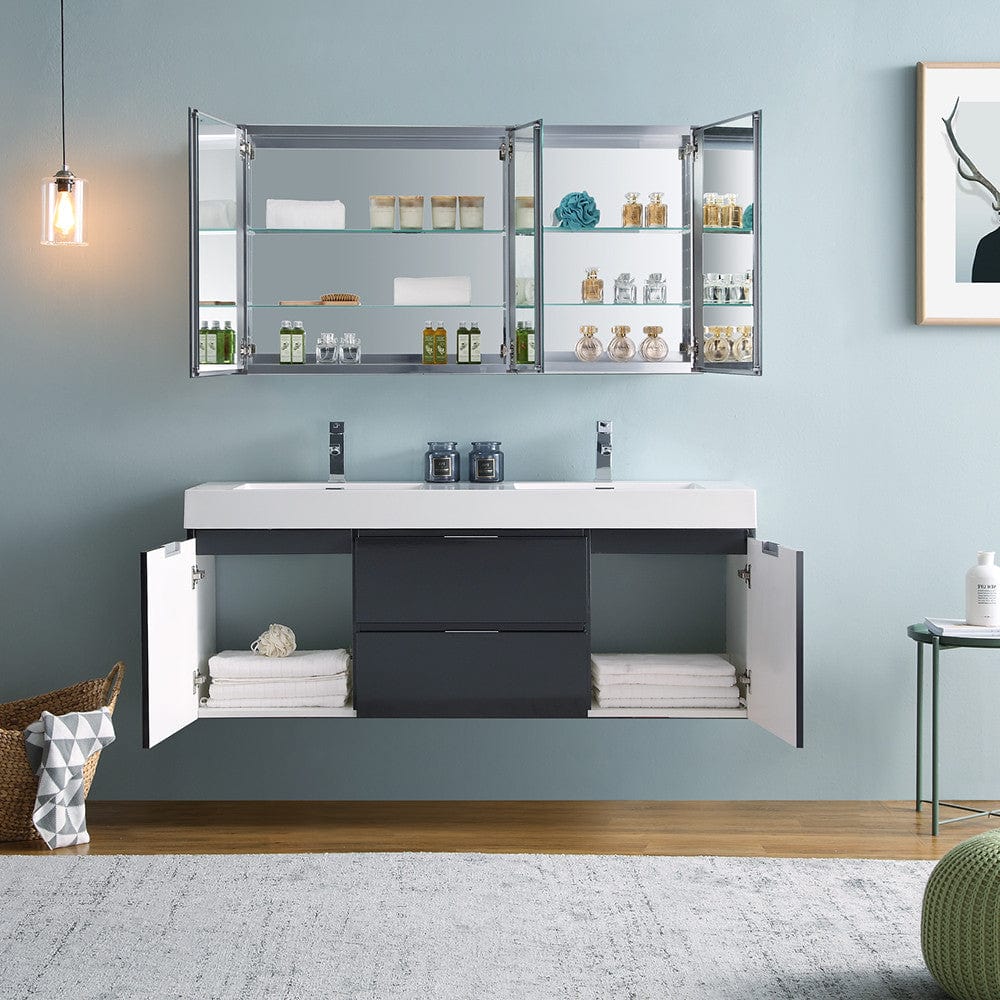 Fresca Valencia 60 Dark Slate Gray Wall Hung Double Sink Modern Bathroom Vanity Set  w/ Medicine Cabinet