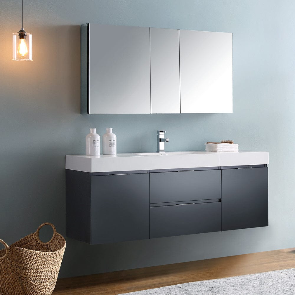Fresca Valencia 60 Dark Slate Gray Wall Hung Modern Bathroom Vanity Set  w/ Medicine Cabinet