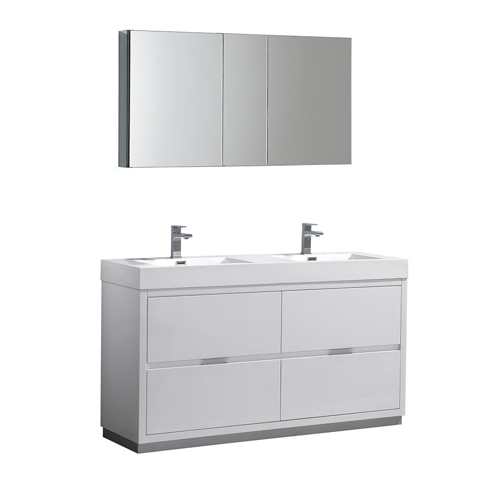 Fresca Valencia 60" Glossy White Free Standing Double Sink Modern Bathroom Vanity Set  w/ Medicine Cabinet