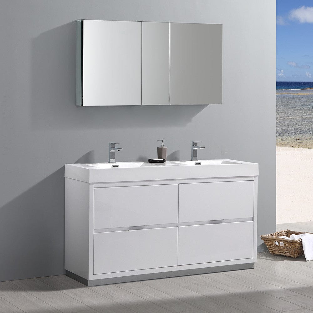 Fresca Valencia 60 Glossy White Free Standing Double Sink Modern Bathroom Vanity Set  w/ Medicine Cabinet