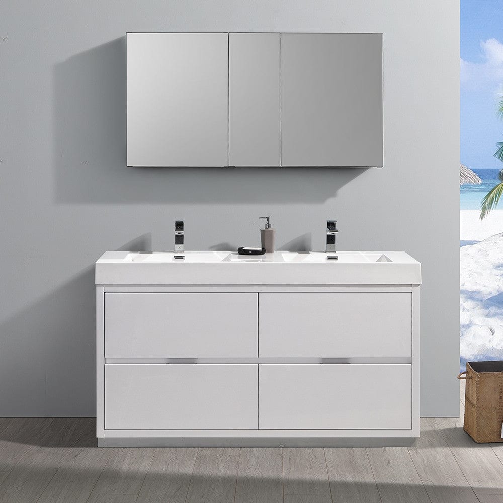 Fresca Valencia 60 Glossy White Free Standing Double Sink Modern Bathroom Vanity Set  w/ Medicine Cabinet