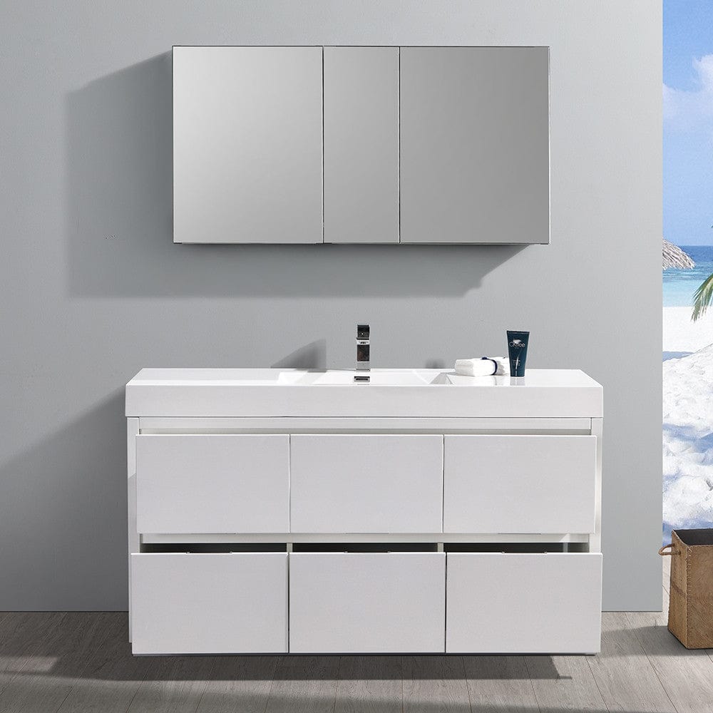 Fresca Valencia 60 Glossy White Free Standing Modern Bathroom Vanity Set  w/ Medicine Cabinet