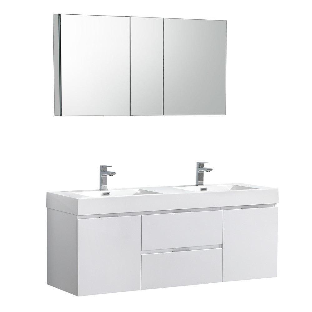 Fresca Valencia 60" Glossy White Wall Hung Double Sink Modern Bathroom Vanity Set  w/ Medicine Cabinet
