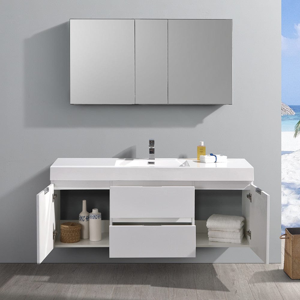 Fresca Valencia 60 Glossy White Wall Hung Modern Bathroom Vanity Set  w/ Medicine Cabinet
