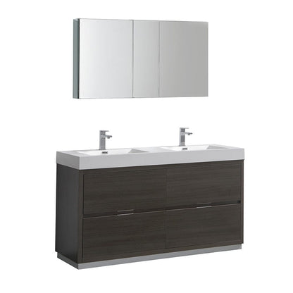 Fresca Valencia 60" Gray Oak Free Standing Double Sink Modern Bathroom Vanity Set  w/ Medicine Cabinet