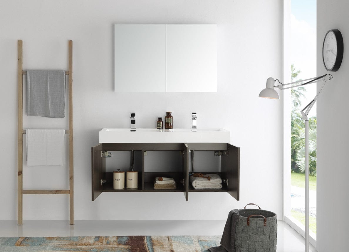 Fresca Vista 48 Gray Oak Wall Hung Double Sink Modern Bathroom Vanity w/ Medicine Cabinet
