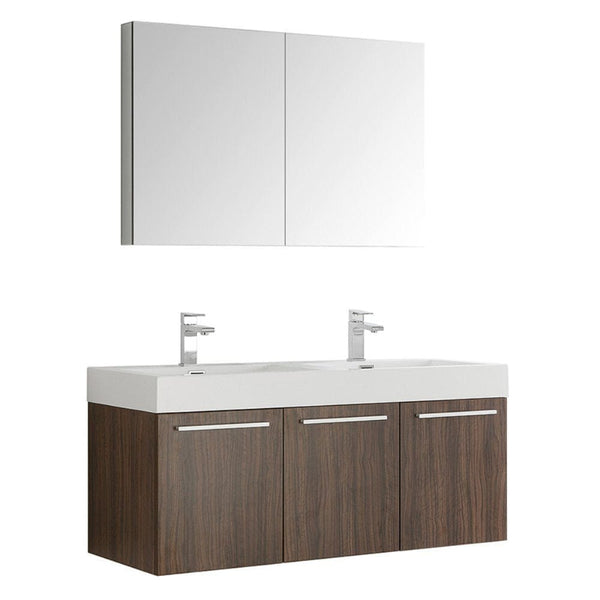 Fresca Vista 48 Walnut Wall Hung Double Sink Modern Bathroom Vanity w/ Medicine Cabinet