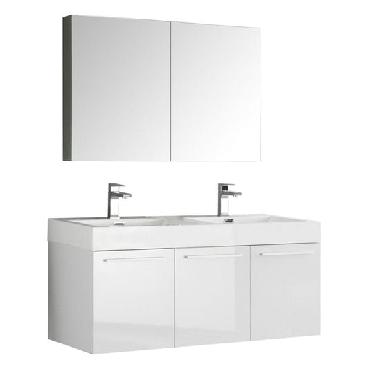 Fresca Vista 48" White Wall Hung Double Sink Modern Bathroom Vanity w/ Medicine Cabinet
