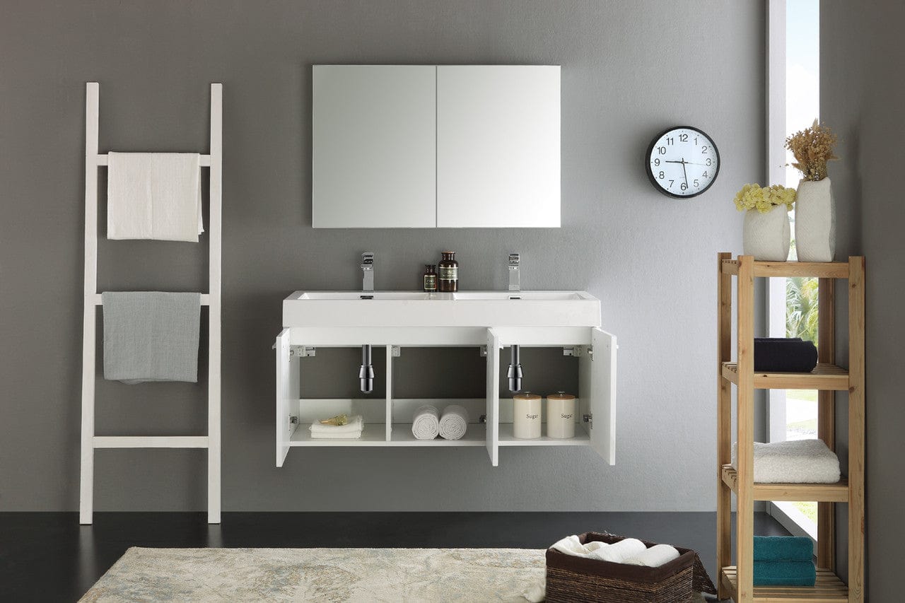 Fresca Vista 48 White Wall Hung Double Sink Modern Bathroom Vanity w/ Medicine Cabinet