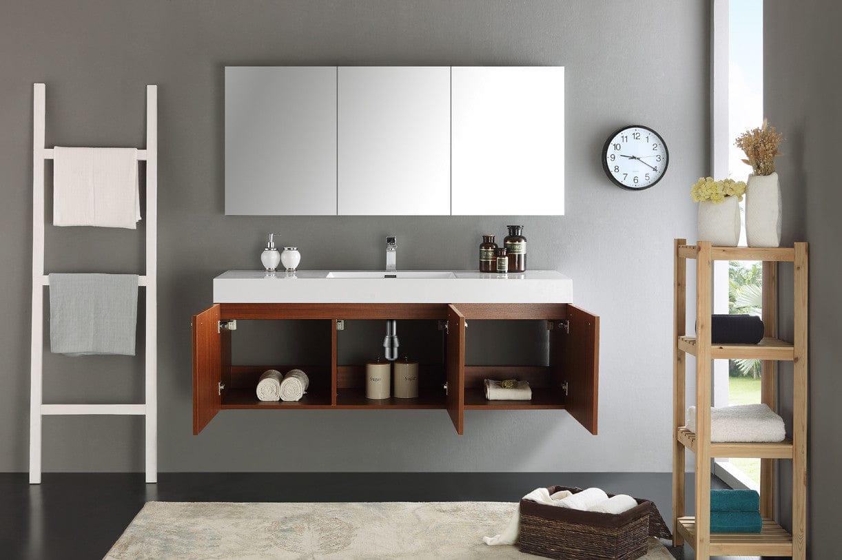 Fresca Vista 60 Teak Wall Hung Single Sink Modern Bathroom Vanity w/ Medicine Cabinet