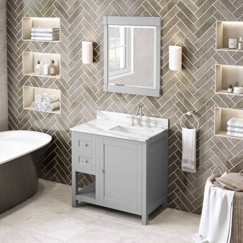 Jeffrey Alexander Vanities Jeffrey Alexander Astoria Transitional 36" Grey Single Sink Vanity w/ Quartz Top, Right Offset