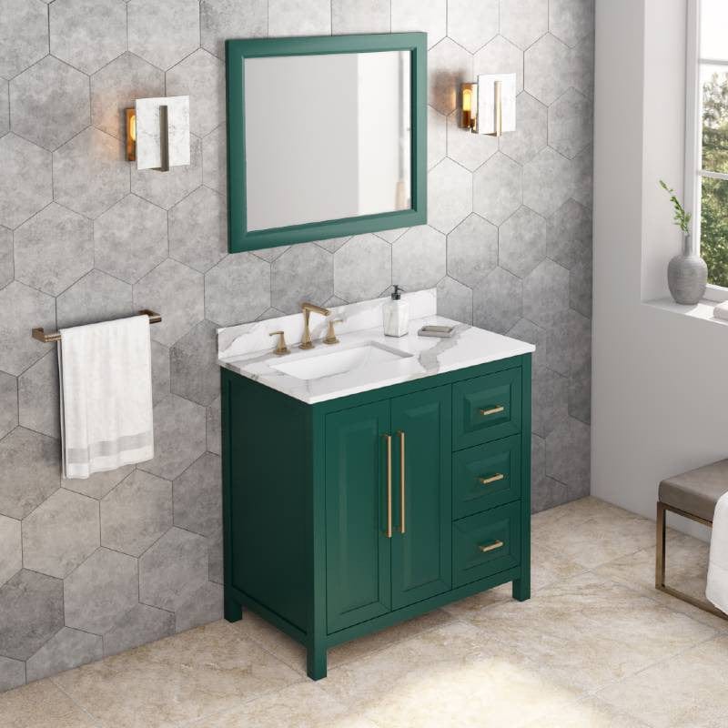 Jeffrey Alexander Vanities Jeffrey Alexander Cade Modern 36" Forest Green Single Sink Vanity With Quartz Top, Left Offset