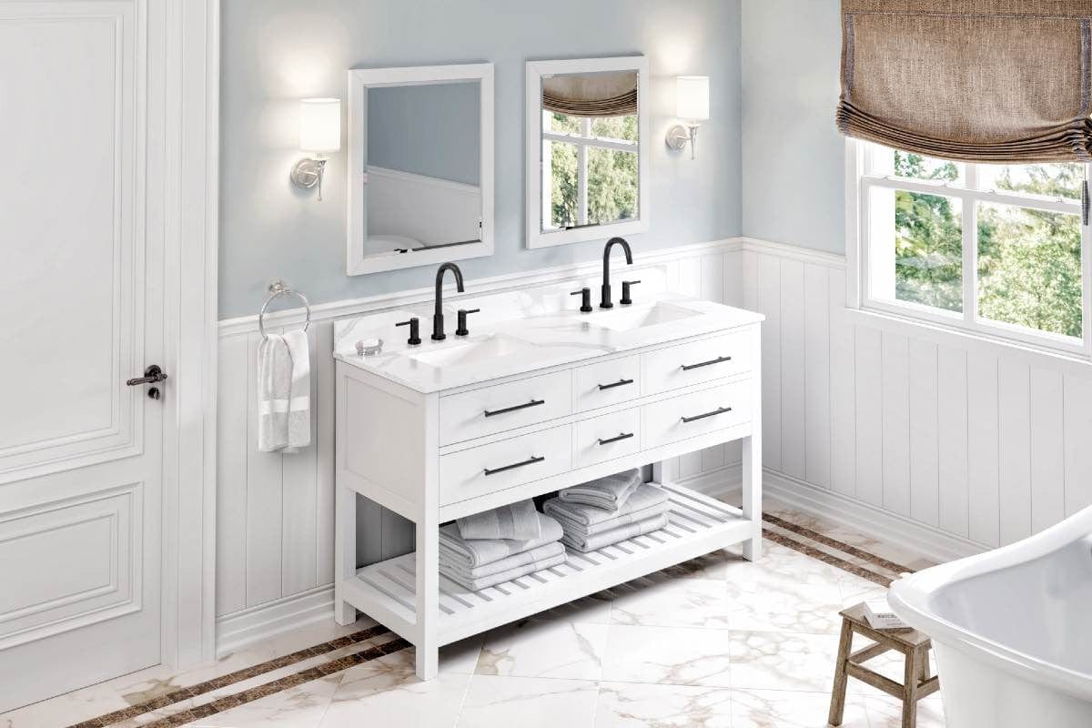 Jeffrey Alexander Vanities Jeffrey Alexander Wavecrest Contemporary 60" White Double Undermount Sink Vanity w/ Quartz Top
