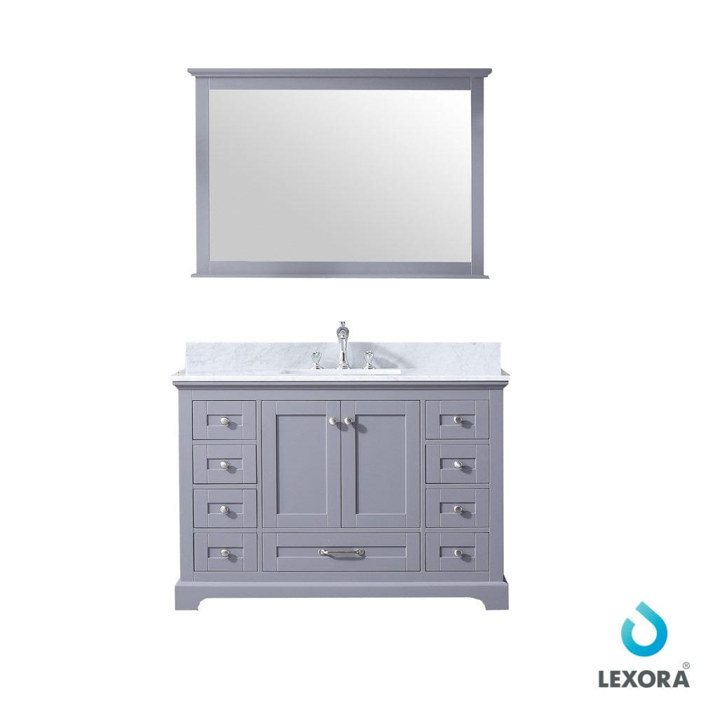 Lexora Vanities Lexora Dukes 48" Dark Grey Single Vanity Set | White Carrara Marble Top | White Ceramic Square Undermount Sink | 46" Mirror