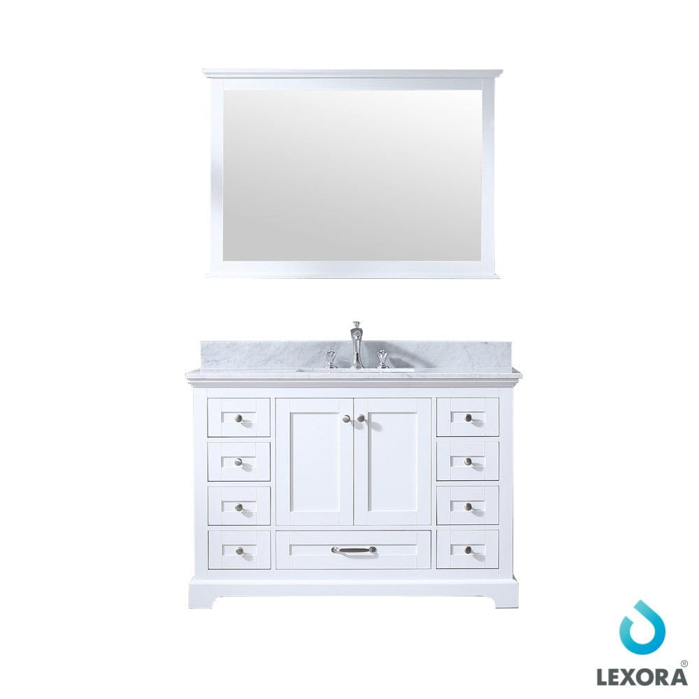 Lexora Vanities Lexora Dukes 48" White Single Vanity Set | White Carrara Marble Top | White Ceramic Square Undermount Sink | 46" Mirror