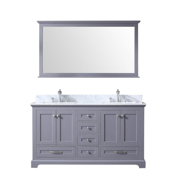 Lexora Dukes 60 Dark Grey Double Vanity Set | White Carrara Marble Top | White Ceramic Square Undermount Sinks | 58 Mirror