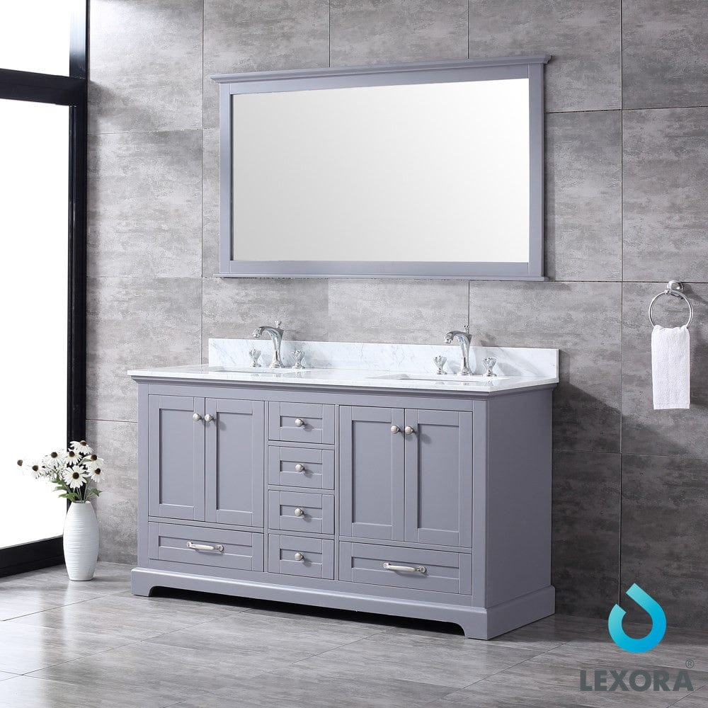 Lexora Dukes 60" Dark Grey Double Vanity Set | White Carrara Marble Top | White Ceramic Square Undermount Sinks | 58" Mirror
