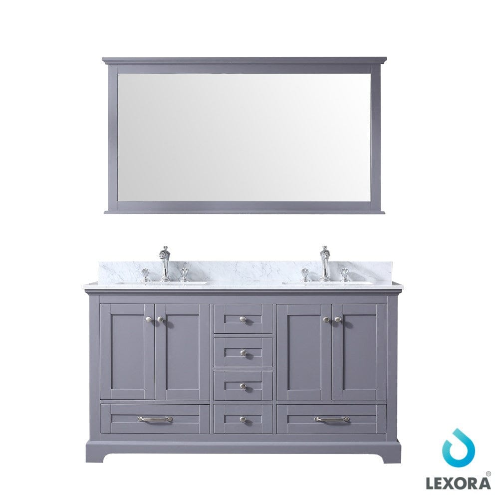 Lexora Dukes 60" Dark Grey Double Vanity Set | White Carrara Marble Top | White Ceramic Square Undermount Sinks | 58" Mirror